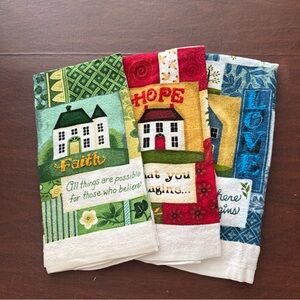 NWT Lot of 3 Hand Embroidered Kitchen Towel set; Faith, Hope, Love; 15" x 25"